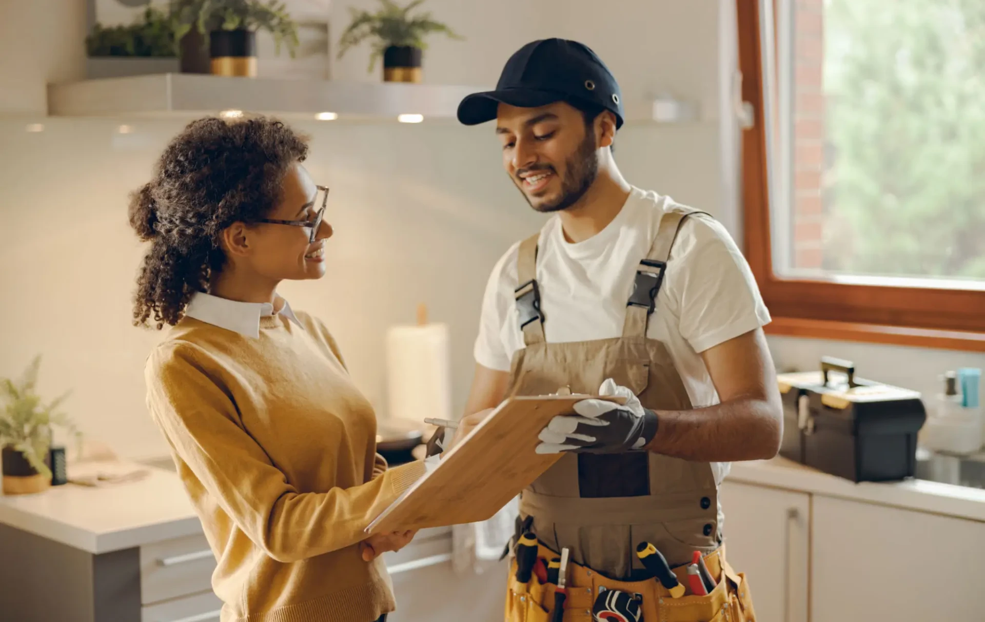 Home repair consultation in modern kitchen